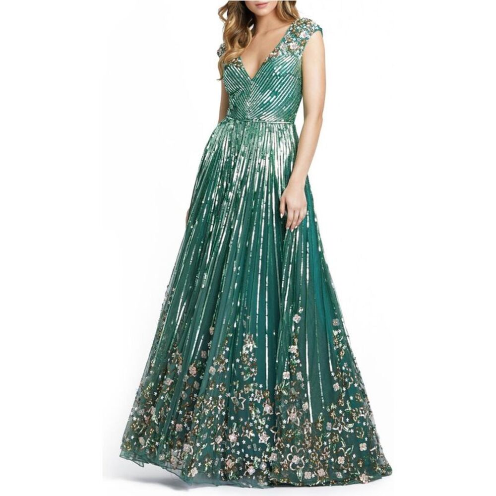 Mac Duggal Womens Embellished A-Line Gown Dress, Green, 0, DM